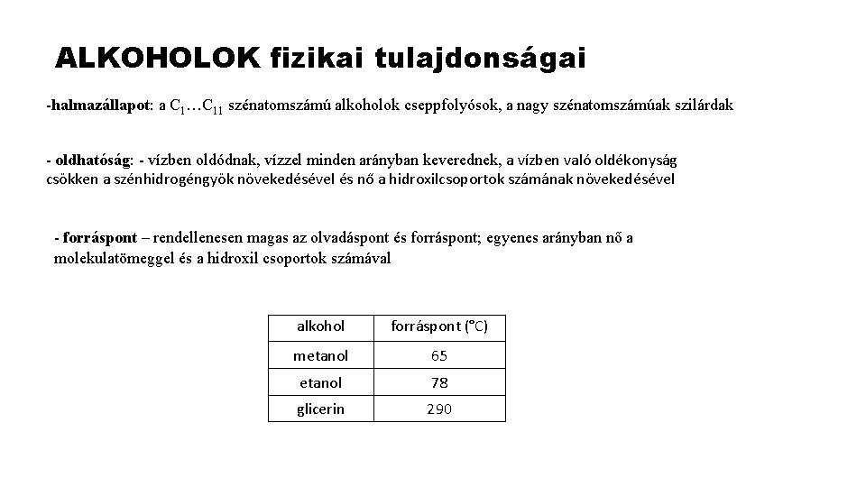 ALKOHOLOK fizikai tulajdonságai -halmazállapot: a C 1…C 11 szénatomszámú alkoholok cseppfolyósok, a nagy szénatomszámúak