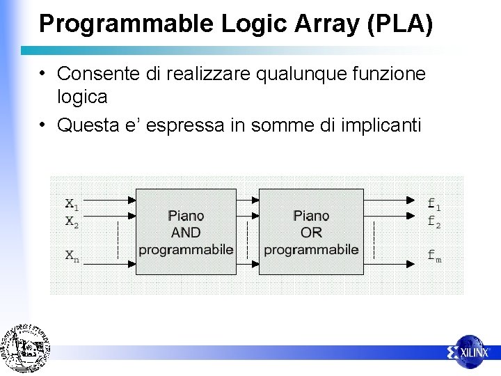 Programmable Logic Array (PLA) • Consente di realizzare qualunque funzione logica • Questa e’