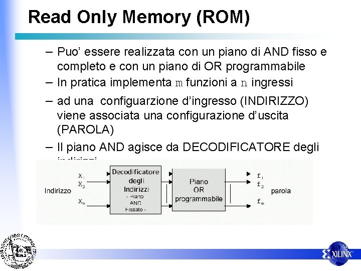 Read Only Memory (ROM) – Puo’ essere realizzata con un piano di AND fisso