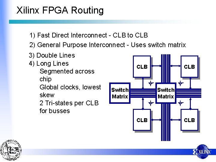 Xilinx FPGA Routing 1) Fast Direct Interconnect - CLB to CLB 2) General Purpose