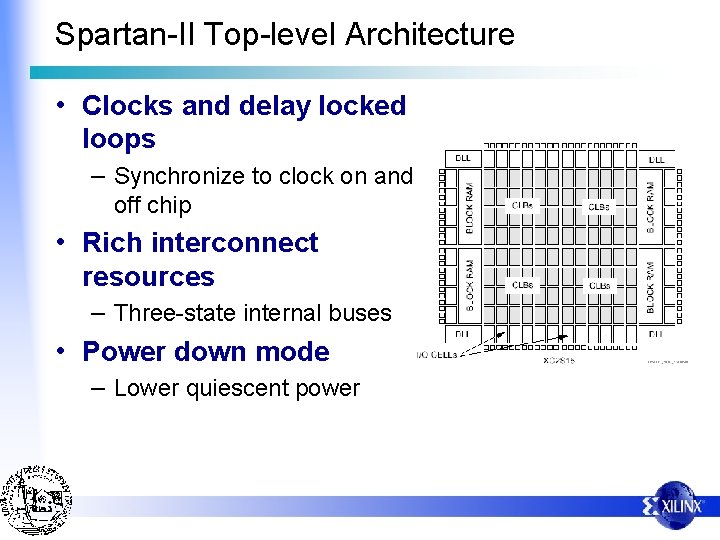 Spartan-II Top-level Architecture • Clocks and delay locked loops – Synchronize to clock on