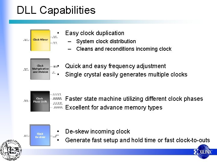 DLL Capabilities • Easy clock duplication – System clock distribution – Cleans and reconditions