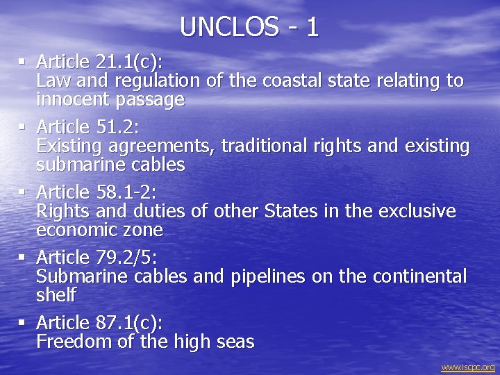 UNCLOS - 1 § Article 21. 1(c): Law and regulation of the coastal state