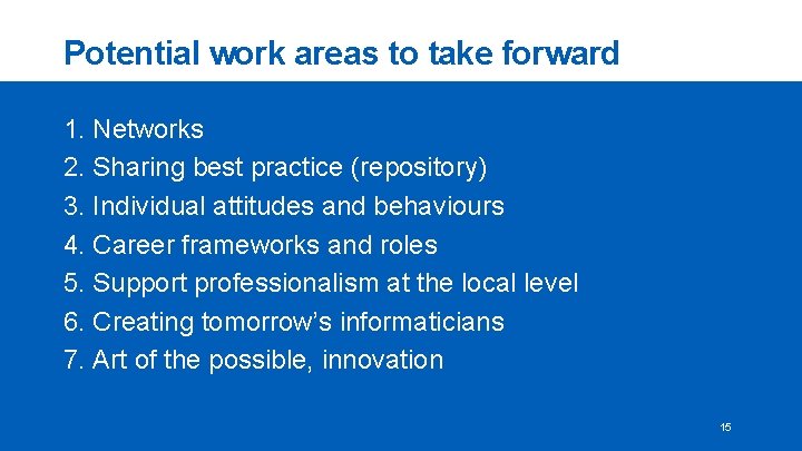 Potential work areas to take forward 1. Networks 2. Sharing best practice (repository) 3.