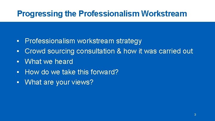 Progressing the Professionalism Workstream • • • Professionalism workstream strategy Crowd sourcing consultation &