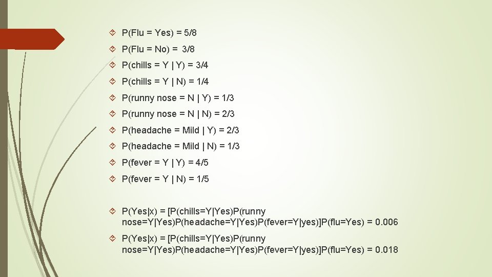  P(Flu = Yes) = 5/8 P(Flu = No) = 3/8 P(chills = Y