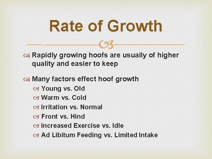 Rate of Growth Rapidly growing hoofs are usually of higher quality and easier to Rate of Growth Rapidly growing hoofs are usually of higher quality and easier to