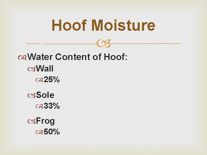 Hoof Moisture Water Content of Hoof: Wall 25% Sole 33% Frog 50% Hoof Moisture Water Content of Hoof: Wall 25% Sole 33% Frog 50%