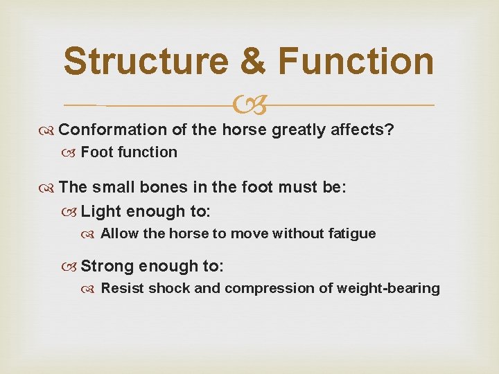 Structure & Function Conformation of the horse greatly affects? Foot function The small bones Structure & Function Conformation of the horse greatly affects? Foot function The small bones