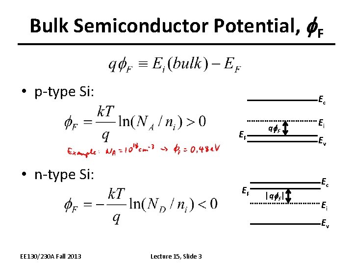 Bulk Semiconductor Potential, f. F • p-type Si: Ec EF qf. F • n-type