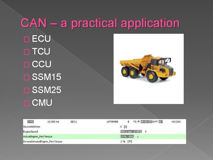 CAN – a practical application � ECU � TCU � CCU � SSM 15