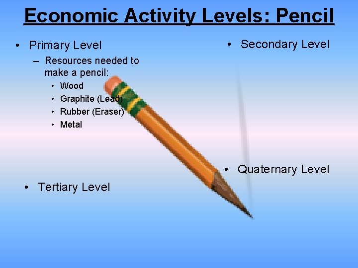 Economic Activity Levels: Pencil • Primary Level • Secondary Level – Resources needed to