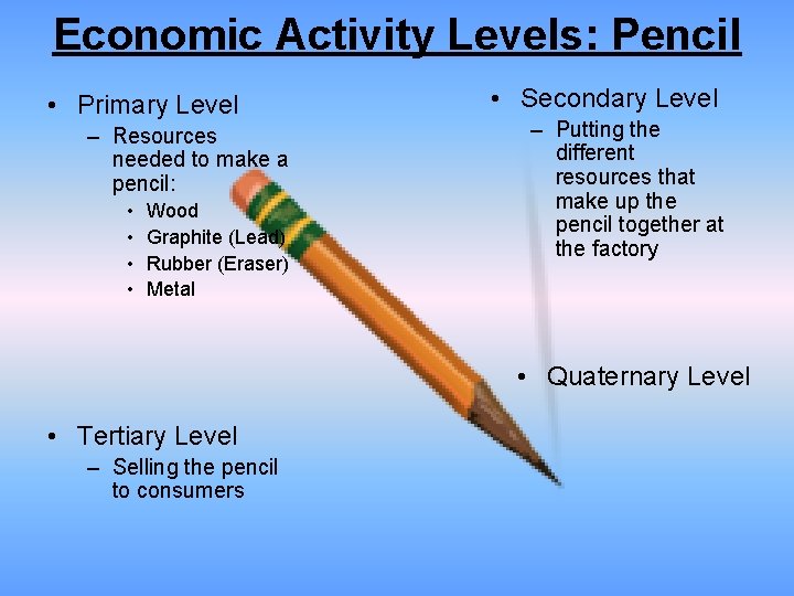 Economic Activity Levels: Pencil • Primary Level – Resources needed to make a pencil: