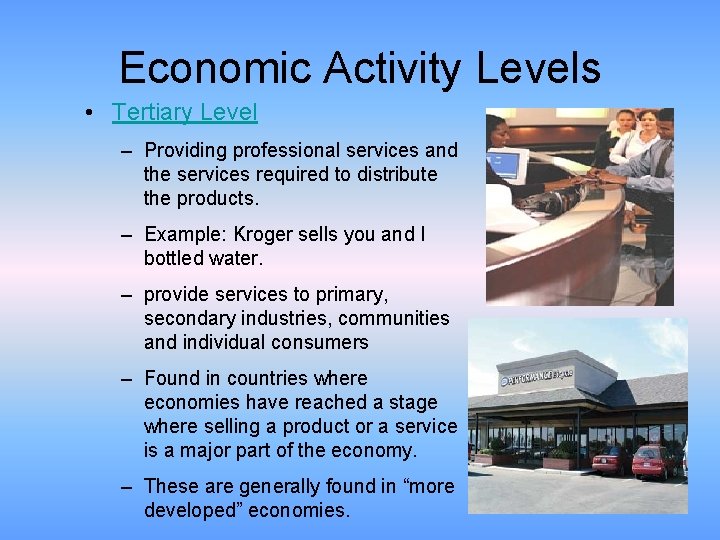 Economic Activity Levels • Tertiary Level – Providing professional services and the services required