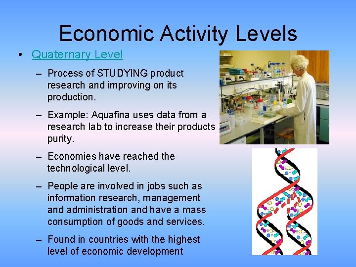 Economic Activity Levels • Quaternary Level – Process of STUDYING product research and improving