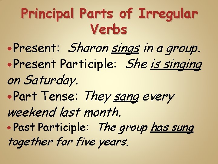 Principal Parts of Irregular Verbs Present: Sharon sings in a group. Present Participle: She