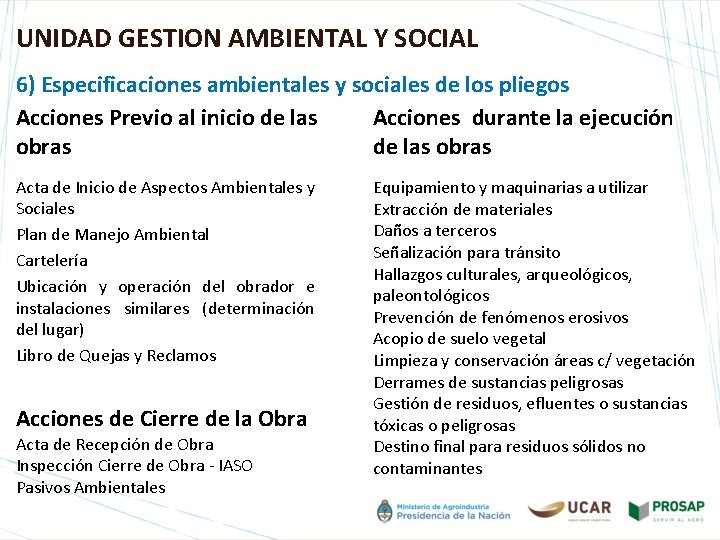 UNIDAD GESTION AMBIENTAL Y SOCIAL 6) Especificaciones ambientales y sociales de los pliegos Acciones