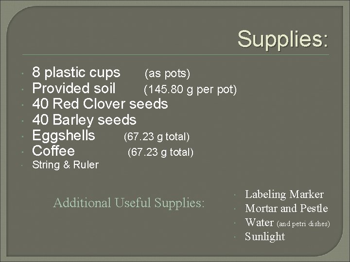 Supplies: 8 plastic cups (as pots) Provided soil (145. 80 g per pot) 40