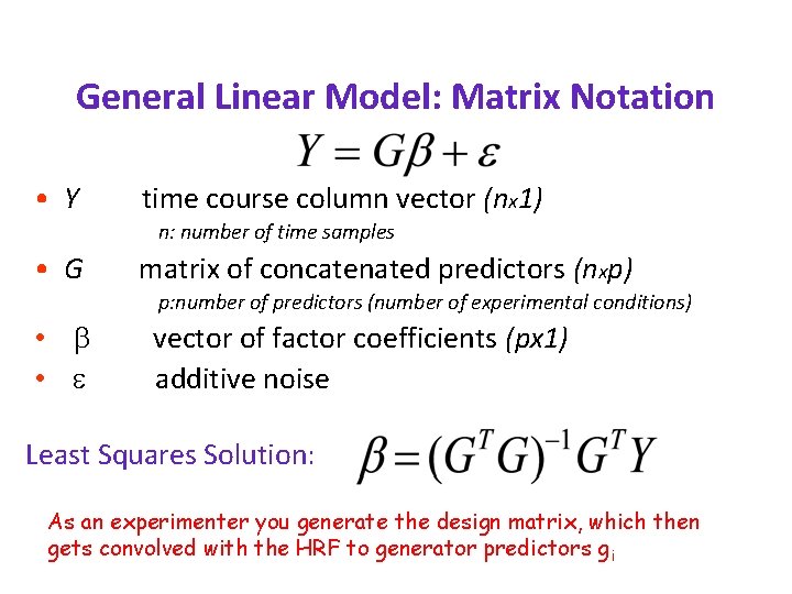 General Linear Model: Matrix Notation • Y time course column vector (nx 1) n: