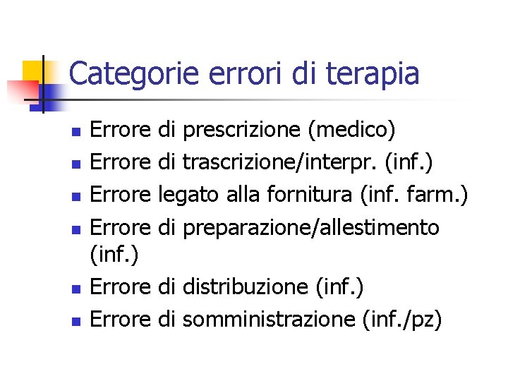 Categorie errori di terapia n n n Errore (inf. ) Errore di prescrizione (medico)