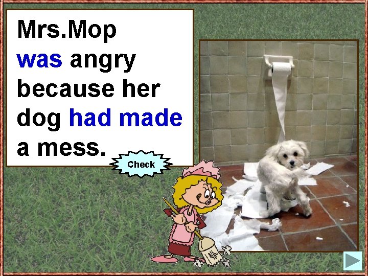 Mrs. Mop (to be) angry was angry because her dog (to hadmake) made aa