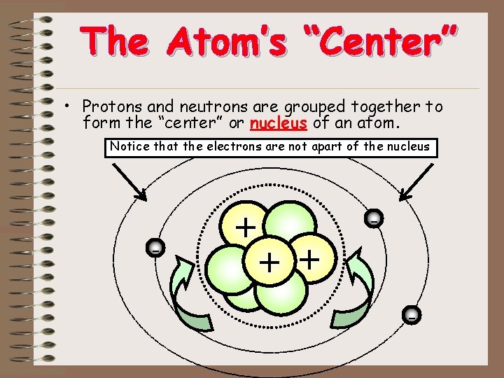 The Atom’s “Center” • Protons and neutrons are grouped together to form the “center” The Atom’s “Center” • Protons and neutrons are grouped together to form the “center”