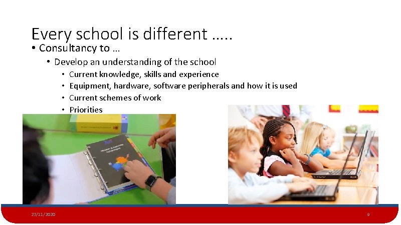 Every school is different …. . • Consultancy to … • Develop an understanding