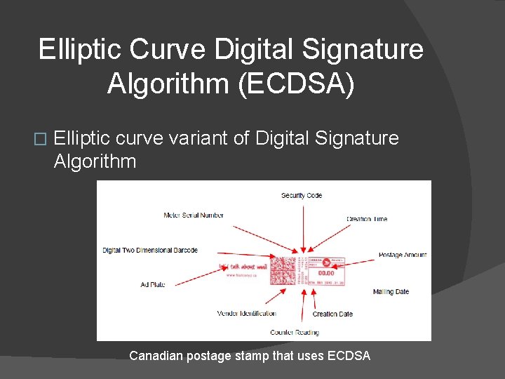 Elliptic Curve Digital Signature Algorithm (ECDSA) � Elliptic curve variant of Digital Signature Algorithm