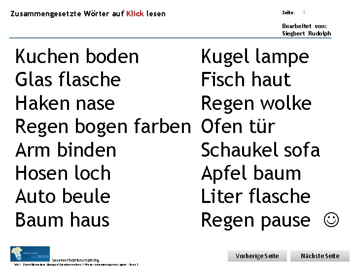 Übungsart: Zusammengesetzte Wörter auf Klick lesen Seite: Titel: Quelle: 2 Bearbeitet von: Siegbert Rudolph Übungsart: Zusammengesetzte Wörter auf Klick lesen Seite: Titel: Quelle: 2 Bearbeitet von: Siegbert Rudolph