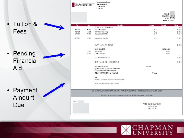  • Tuition & Fees • Pending Financial Aid • Payment Amount Due 