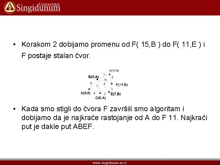  • Korakom 2 dobijamo promenu od F( 15, B ) do F( 11,