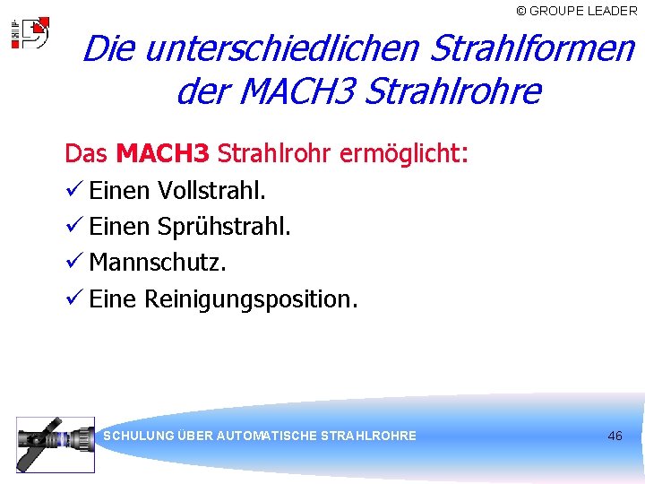 © GROUPE LEADER Die unterschiedlichen Strahlformen der MACH 3 Strahlrohre Das MACH 3 Strahlrohr