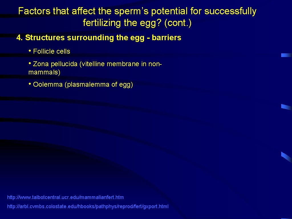 Factors that affect the sperm’s potential for successfully fertilizing the egg? (cont. ) 4.