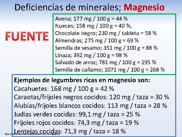 Deficiencias de minerales; Magnesio FUENTE Avena; 177 mg / 100 g = 44 %