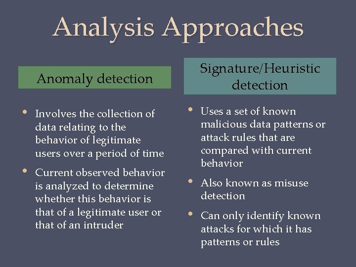 Analysis Approaches Signature/Heuristic detection Anomaly detection • Involves the collection of data relating to