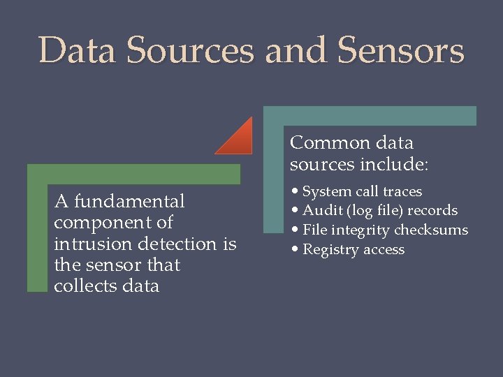 Data Sources and Sensors Common data sources include: A fundamental component of intrusion detection