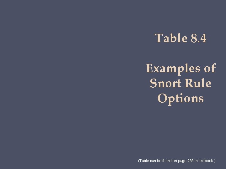 Table 8. 4 Examples of Snort Rule Options (Table can be found on page