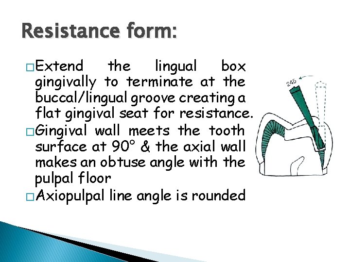 Resistance form: �Extend the lingual box gingivally to terminate at the buccal/lingual groove creating