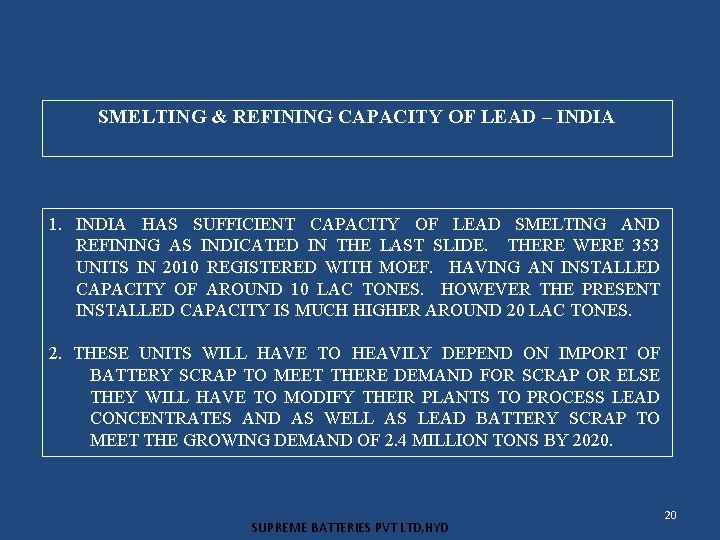 SMELTING & REFINING CAPACITY OF LEAD – INDIA 1. INDIA HAS SUFFICIENT CAPACITY OF