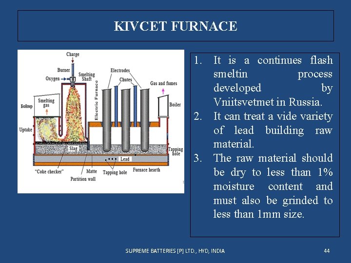 KIVCET FURNACE 1. It is a continues flash smeltin process developed by Vniitsvetmet in