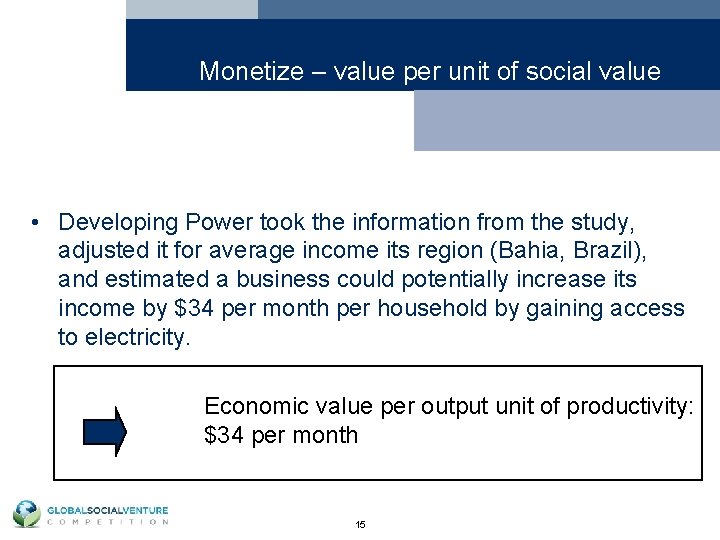 Monetize – value per unit of social value • Developing Power took the information