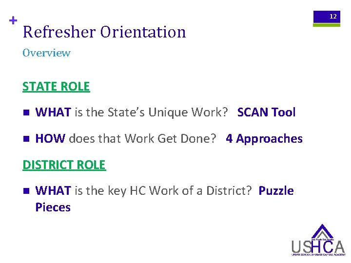 + 12 Refresher Orientation Overview STATE ROLE n WHAT is the State’s Unique Work?