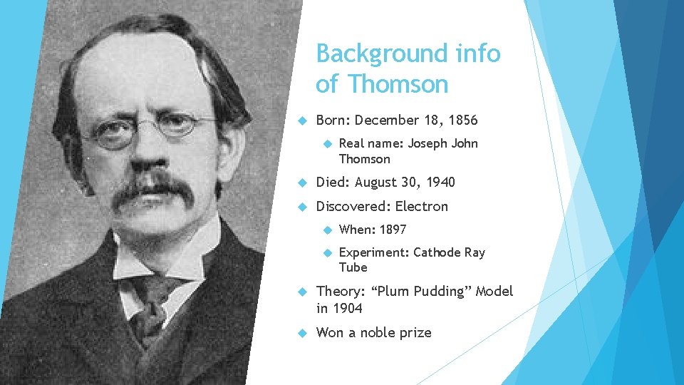 Background info of Thomson Born: December 18, 1856 Real name: Joseph John Thomson Died: