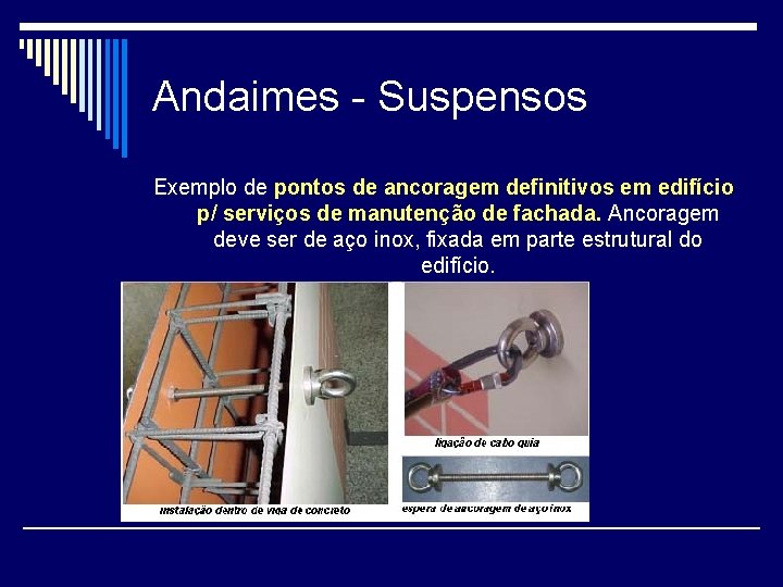 Andaimes - Suspensos Exemplo de pontos de ancoragem definitivos em edifício p/ serviços de