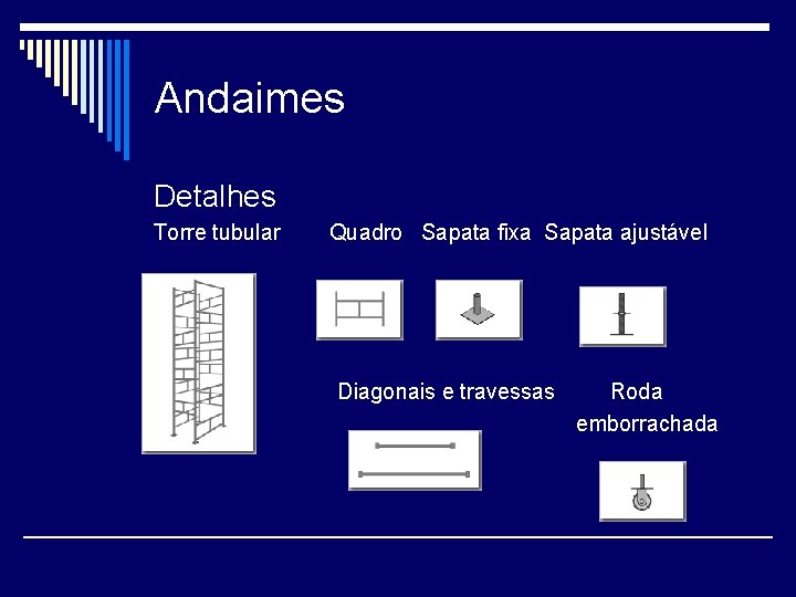 Andaimes Detalhes Torre tubular Quadro Sapata fixa Sapata ajustável Diagonais e travessas Roda emborrachada