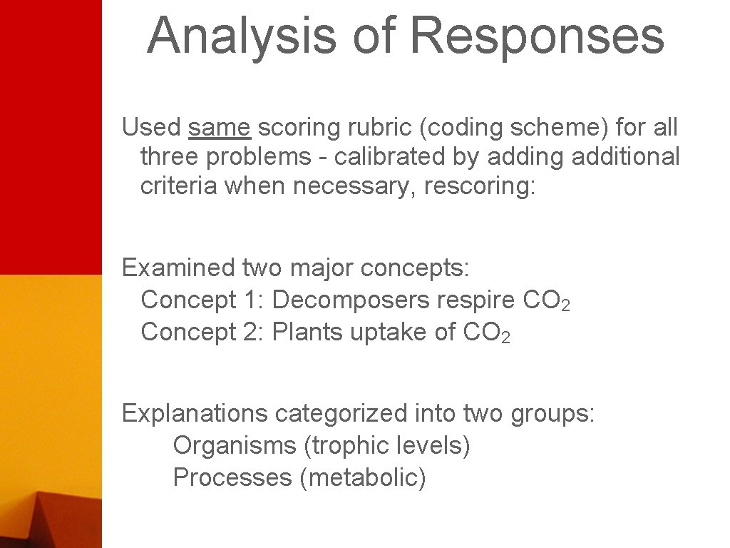 Analysis of Responses Used same scoring rubric (coding scheme) for all three problems -