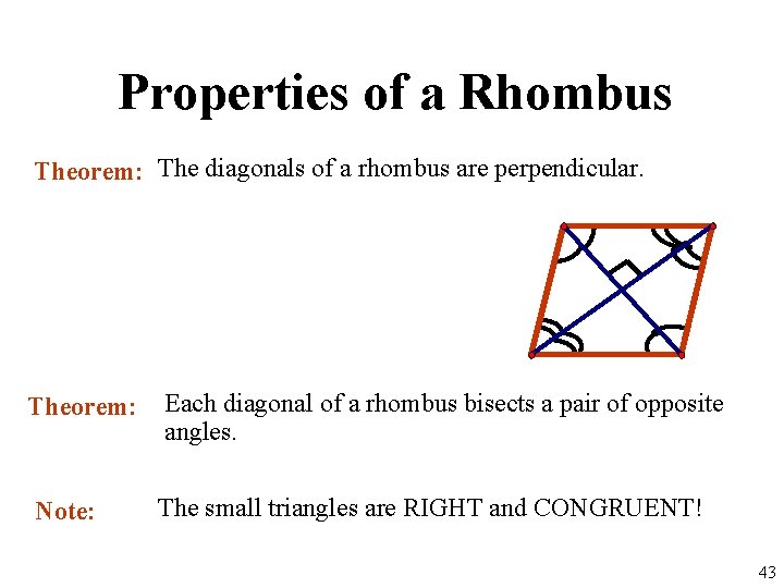 Properties of a Rhombus Theorem: The diagonals of a rhombus are perpendicular. Theorem: Each