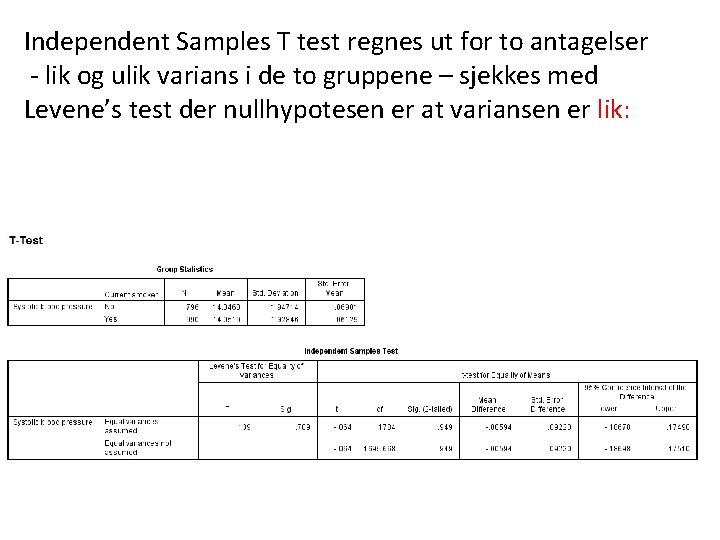 Independent Samples T test regnes ut for to antagelser - lik og ulik varians