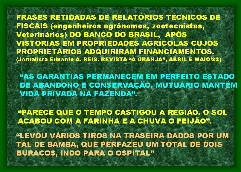 FRASES RETIDADAS DE RELATÓRIOS TÉCNICOS DE FISCAIS (engenheiros agrônomos, zootecnistas, Veterinários) DO BANCO DO