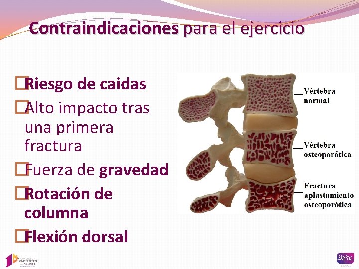 Contraindicaciones para el ejercicio �Riesgo de caidas �Alto impacto tras una primera fractura �Fuerza